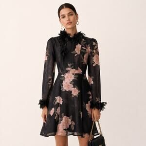 Miss Rosier Silk Blend Black 3D Camellia Floral Organza Mini Dress M